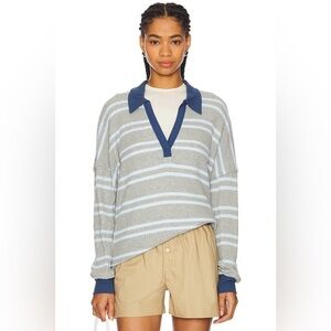 We The Free women’s heather grey blue Striped Travis Polo Tee boho preppy in M